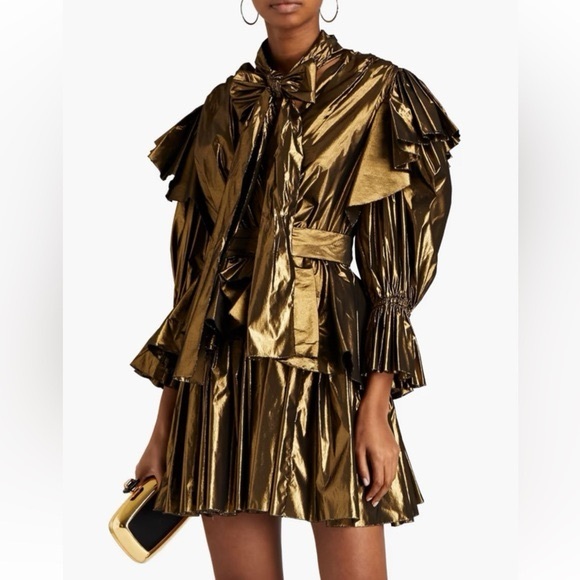 Dolce & Gabbana NWT Gold Bronze Metallic Tie Neck Ruffle Mini Dress Size 38 - Picture 11 of 11